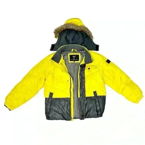 VERSACE 1969 SPORTIVO Big Boys Colorblock Down Jacket in Yellow & Black Sz 14/16 - Picture 2 of 11